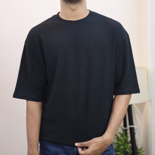 Waffle Drop Shoulder T-Shirt - Black