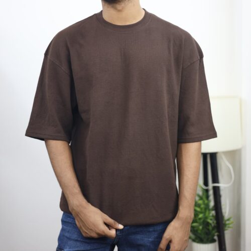 Waffle Drop Shoulder T-Shirt - Dark-brown